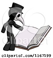 Poster, Art Print Of Black Plague Doctor Man Reading Big Book While Standing Beside It