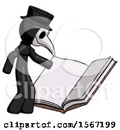 Black Plague Doctor Man Reading Big Book While Standing Beside It