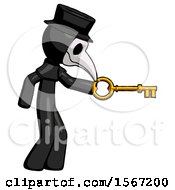 Poster, Art Print Of Black Plague Doctor Man With Big Key Of Gold Opening Something