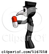 Black Plague Doctor Man Holding Red Pill Walking To Left