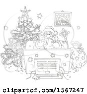 Poster, Art Print Of Lineart Santa Enjoying A Snack While Watching Tv On Christmas Eve
