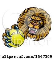 Clipart Of A Tough Lion Monster Mascot Holding Out A Tennis Ball In One Clawed Paw Royalty Free Vector Illustration