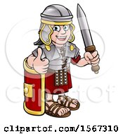 Poster, Art Print Of Cartoon Happy Roman Soldier Giving A Thumb Up Holding A Sword And Leaning On A Shield