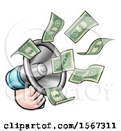 Clipart Of A Cartoon Hand With Money Flying Out Of A Megaphone Royalty Free Vector Illustration by AtStockIllustration