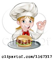 Poster, Art Print Of Happy White Female Chef Gesturing Perfect And Holding A Cheese Burger On A Tray