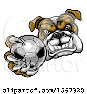 Poster, Art Print Of Tough Bulldog Monster Mascot Holding Out A Soccer Ball In One Clawed Paw