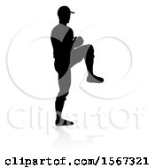 Poster, Art Print Of Black Silhouetted Baseball Player Pitching With A Reflection On A White Background