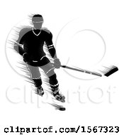 Clipart Of A Motion Blur Styled Silhouetted Hockey Player In Action Royalty Free Vector Illustration