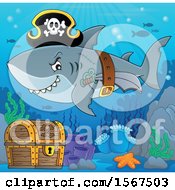 Poster, Art Print Of Pirate Shark Wearing A Hat Belt And Sword Over A Treasure Chest