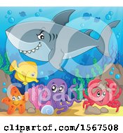 Clipart Of A Grinning Shark Over Other Sea Creatures Royalty Free Vector Illustration by visekart