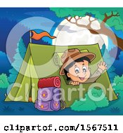 Poster, Art Print Of Scout Boy Camping And Waving From A Tent