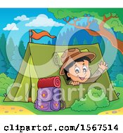 Poster, Art Print Of Scout Boy Camping And Waving From A Tent