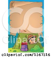 Clipart Of A Parchment Scroll Border Of A Scout Boy Camping And Waving From A Tent Royalty Free Vector Illustration