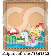 Clipart Of A Girl Floating On A Unicorn Swim Toy Royalty Free Vector Illustration