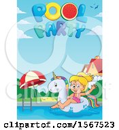 Girl Floating On A Unicorn Swim Toy With Pool Party Text