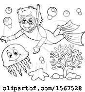 Poster, Art Print Of Lineart Boy Snorkeling With A Jellyfish