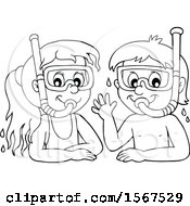 Clipart Of A Lineart Boy And Girl Wearing Snorkel Masks Royalty Free Vector Illustration