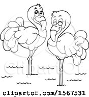 Clipart Of A Lineart Flamingo Pair Royalty Free Vector Illustration