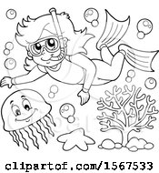 Poster, Art Print Of Lineart Girl Snorkeling With A Jellyfish