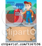 Clipart Of A Gas Station Attendant Holding A Nozzle Over A Blank Scroll Royalty Free Vector Illustration by visekart