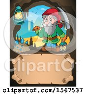 Clipart Of A Miner Dwarf In A Cave Over A Scroll Royalty Free Vector Illustration by visekart