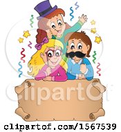 Group Of Children With Photo Props At A Party Over A Scroll