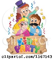 Poster, Art Print Of Group Of Children With Photo Props At A Party Over A Kids Party Scroll
