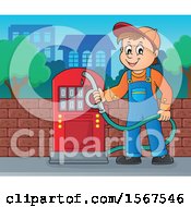 Clipart Of A Gas Station Attendant Holding A Nozzle Royalty Free Vector Illustration by visekart