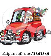 Clipart Of Santa Claus Driving A Vintage Holden FJ UTE With A Christmas Sack In The Back Royalty Free Vector Illustration