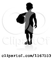 Poster, Art Print Of Silhouetted Boy Holding A Ball With A Reflection Or Shadow On A White Background