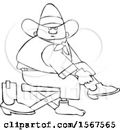 Poster, Art Print Of Cartoon Lineart Black Cowboy Putting On His Boots