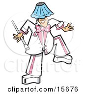 Silly Man In A White And Pink Uniform Dancing With A Lamp Shade On His Head Clipart Illustration by Andy Nortnik