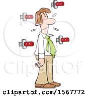 Clipart Of A Day In The Life Of A Man Showing A White Guy Surrounded By Knives In The Wall Royalty Free Vector Illustration