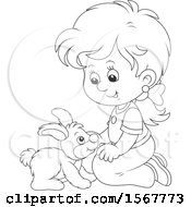 Clipart Of A Lineart Girl Kneeling And Playing With Her Pet Bunny Rabbit Royalty Free Vector Illustration