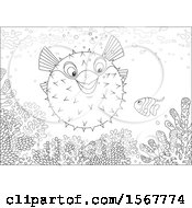 Clipart Of A Lineart Blowfish And Small Fish At A Coral Reef Royalty Free Vector Illustration