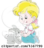 Poster, Art Print Of Blond White Girl Kneeling And Playing With Her Pet Bunny Rabbit