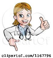 Poster, Art Print Of Cartoon Friendly White Female Doctor Holding A Thumb Up And Pointing Down Over A Sign