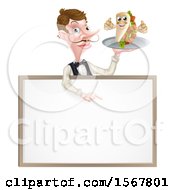 Male Waiter Holding A Kebab Sandwich Character On A Tray Pointing Down Over A Blank Sign