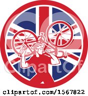 Poster, Art Print Of Retro Male Cyclist Carrying A Bicycle On His Back In A Union Jack Flag Circle