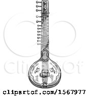 Clipart Of A Black And White Sketched Sitar Instrument Royalty Free Vector Illustration