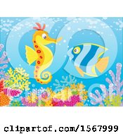Poster, Art Print Of Butterflyfish And Seahorse Over A Reef