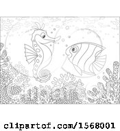 Poster, Art Print Of Lineart Butterflyfish And Seahorse Over A Reef