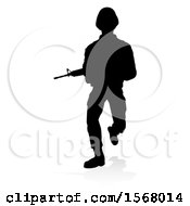 Clipart Of A Silhouetted Male Armed Soldier With A Reflection Or Shadow On A White Background Royalty Free Vector Illustration