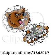 Poster, Art Print Of Mad Grizzly Bear Mascot Holding A Video Game Controller And Breaking Through A Wall
