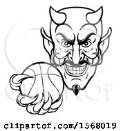 Poster, Art Print Of Black And White Grinning Evil Devil Holding Out A Basketball In A Clawed Hand