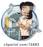 Successful Female Realtor Standing In A Giant Stack Of Cash And Coins Clipart Illustration