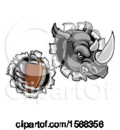 Poster, Art Print Of Tough Rhino Monster Mascot Holding A Football In One Clawed Paw And Breaking Through A Wall