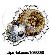 Poster, Art Print Of Tough Lion Sports Mascot Holding Out A Soccer Ball And Breaking Through A Wall