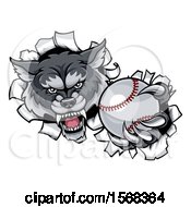 Poster, Art Print Of Tough Wolf Monster Mascot Holding Out A Baseball In One Clawed Paw And Breaking Through A Wall