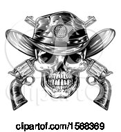 Clipart Of A Cowboy Sheriff Skull Over Crossed Guns In Black And White Royalty Free Vector Illustration by AtStockIllustration